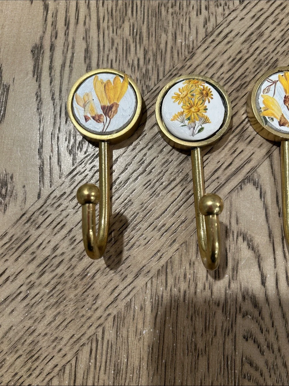 Brass Floral Wall Hooks - Yellow Botanical Design